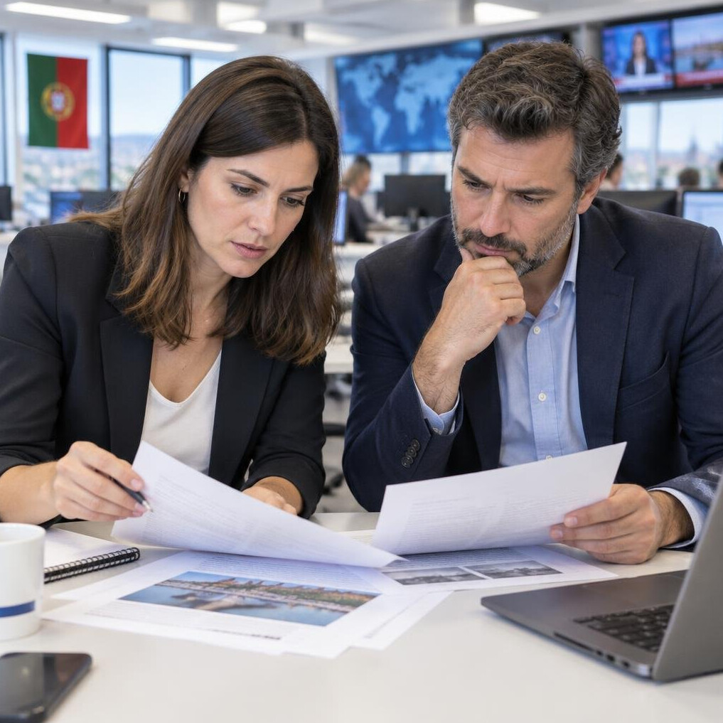 Two colleagues reviewing documents together at a table